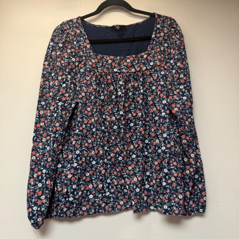 Lucky Brand Floral Peasant Top Womens L Blue Coral Excellent Square Neck Boho